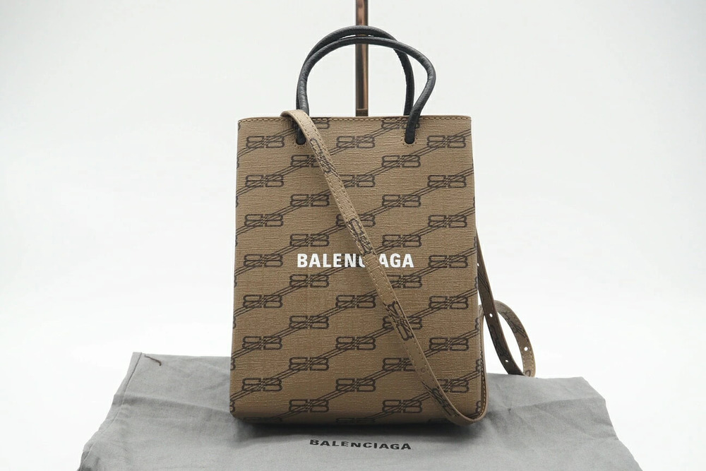 Balenciaga Monogram Shopping Bag Phone Holder Shoulder Beige White Canvas